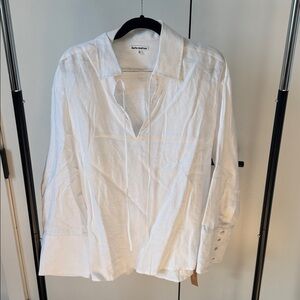 Reformation White Linen Tie-Neck Blouse